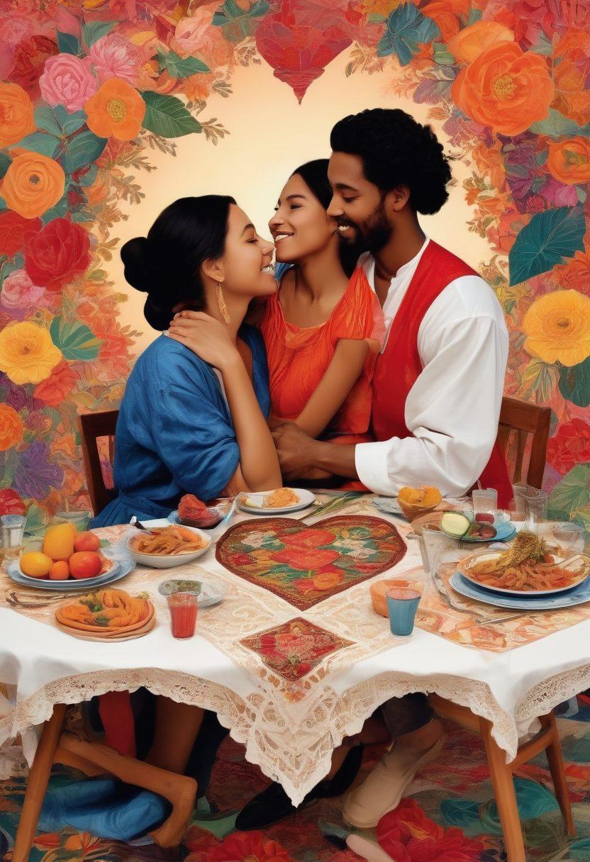 A heart-shaped collage showcasing diverse illustrations of love: a couple embracing, friends laughing, a family gathered at a table, and individuals engaging in their passions. Include vibrant colors and intricate patterns that represent different cultures. The background should be soft and dreamy, enhancing the idea of passion in various forms. surrealism. vibrant colors. soft background.