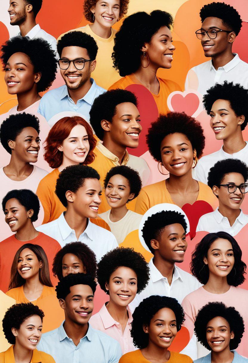 A vibrant collage showcasing various people of different ages and backgrounds sharing their thoughts on relationships. Include speech bubbles with positive testimonials and critical viewpoints, illustrating the spectrum of opinions. The background should be a gradient of warm colors to evoke emotion, with subtle heart motifs floating around. super-realistic. vibrant colors. white background.
