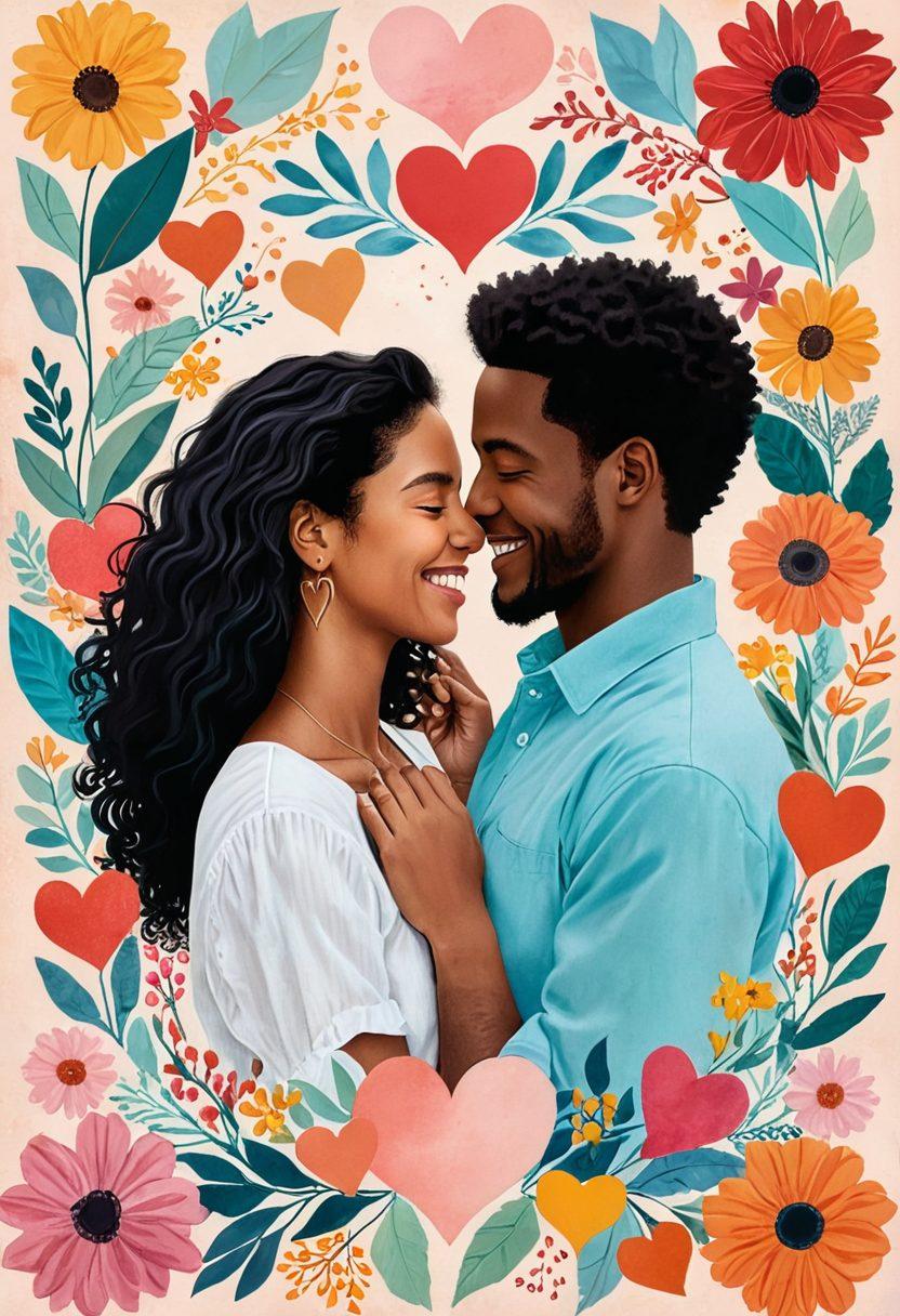 A vibrant collage depicting various couples from diverse backgrounds sharing moments of affection and connection in a romantic setting. Include elements like hand-holding, laughing, and meaningful gazes, surrounded by symbols of love like hearts and flowers. The background should feature soft pastels to convey warmth and inclusivity, with a blend of urban and natural environments. Illustrate a sense of unity in diversity. vibrant colors. soft focus.